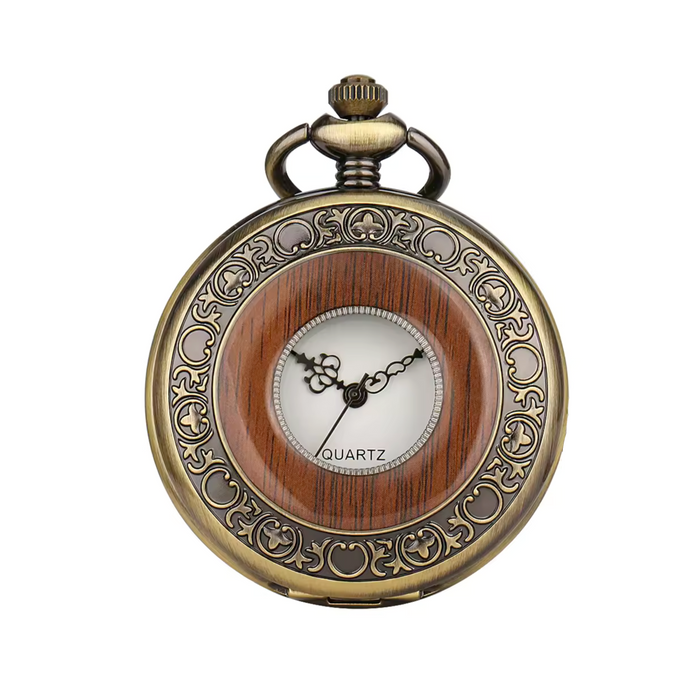 Antique Red Wood Bronze Pocket Watch - Half Hunter Quartz Gift