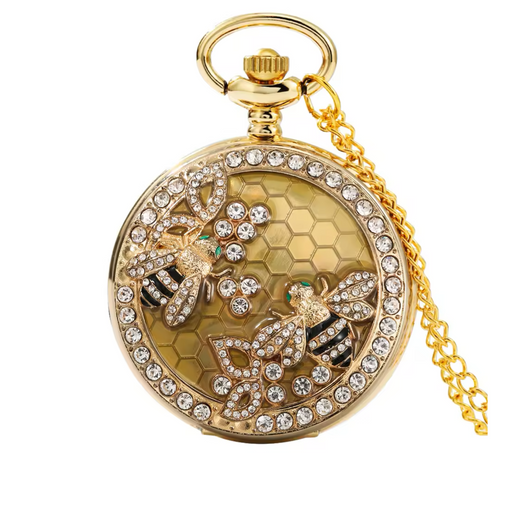 Golden Bee Pendant Pocket Watch - Rhinestone Quartz Necklace Gift