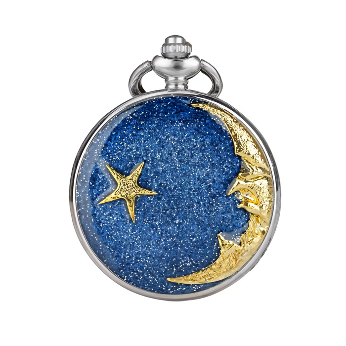 Star & Moon Steampunk Pendant Watch - Gold Blue Sky Quartz Clock