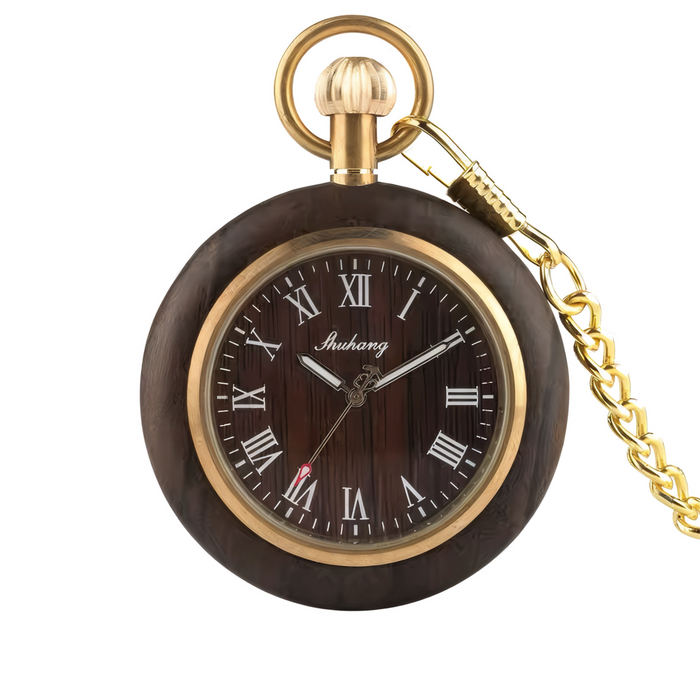 Wooden Roman Numeral Pocket Watch - Gold Quartz Pendant Clock