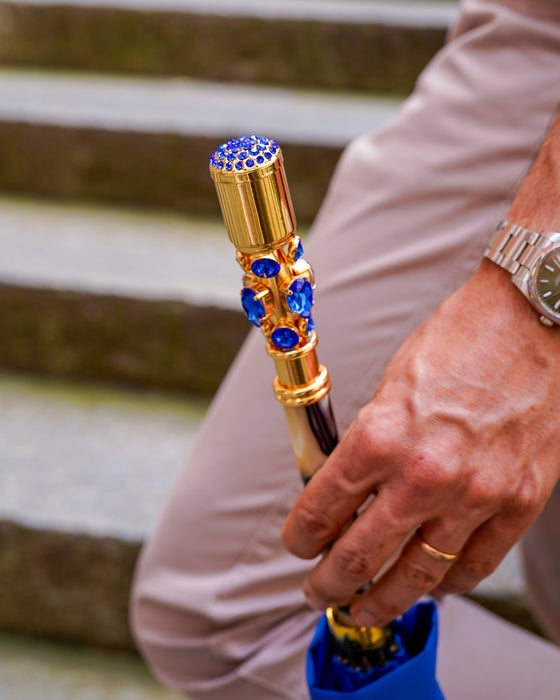 Handcrafted Electric Blue Umbrella with Crystal-Embellished Handle