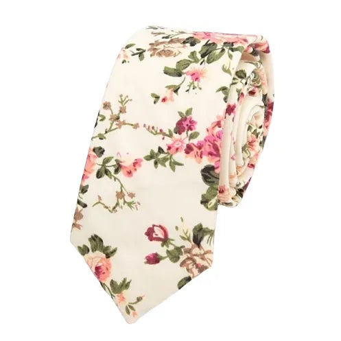 Skinny Cotton Tie for Men in Cream Pink Floral Pattern
