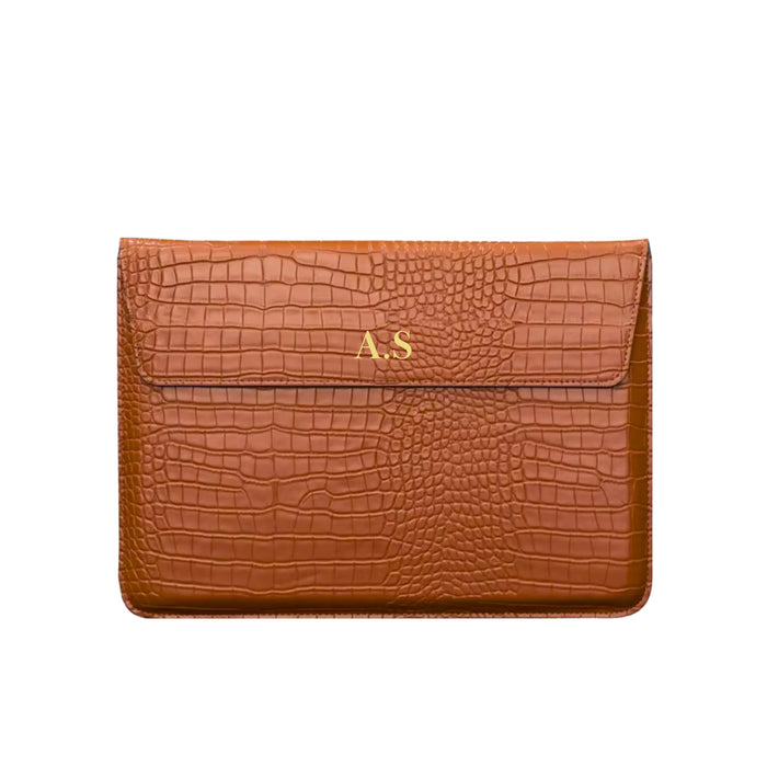 Crocodile Textured PU Leather Laptop Sleeve with Built-In Stand