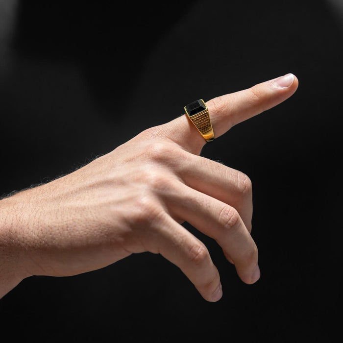Men's Stainless Steel Black Onyx Gold Ring