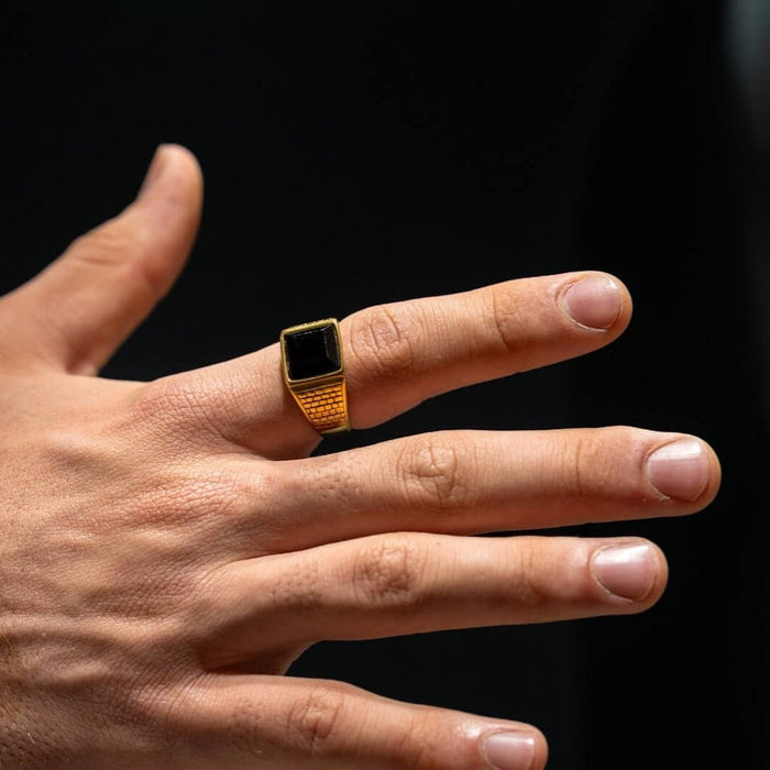 Men's Stainless Steel Black Onyx Gold Ring