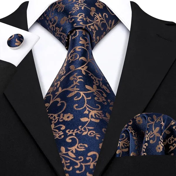 Dark Blue Brown Floral Silk Tie for Classy Men