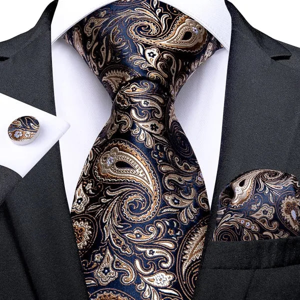 Dark Blue Gold Paisley Silk Tie for Classy Men