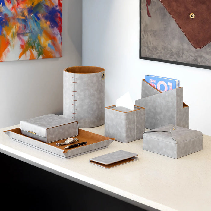 Luxury Gray Vegan Leather Desk Organizer Set – 7-Piece