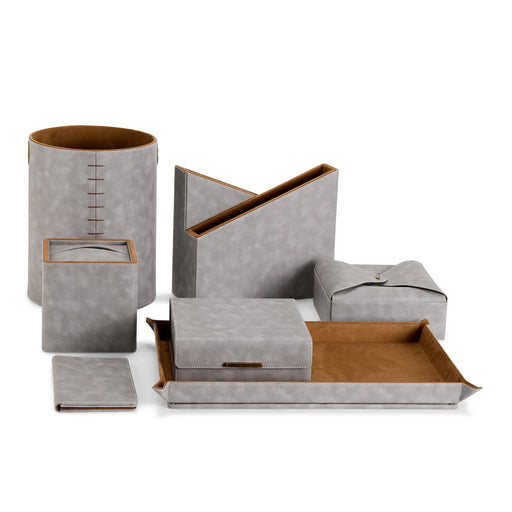 Luxury Gray Vegan Leather Desk Organizer Set – 7-Piece