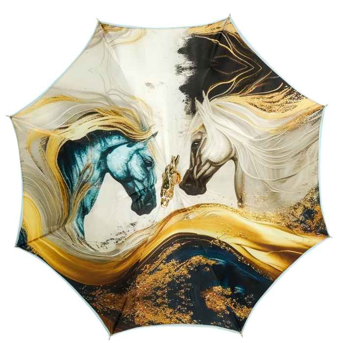 Light Blue Satin Umbrella with 24K Gold-Plated Horse Head Handle