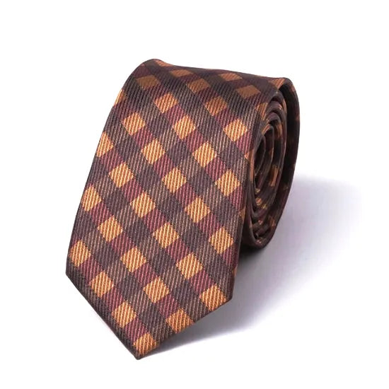 Brown Gingham Silk Skinny Tie for Men - Classy Accessory for Any Occasion