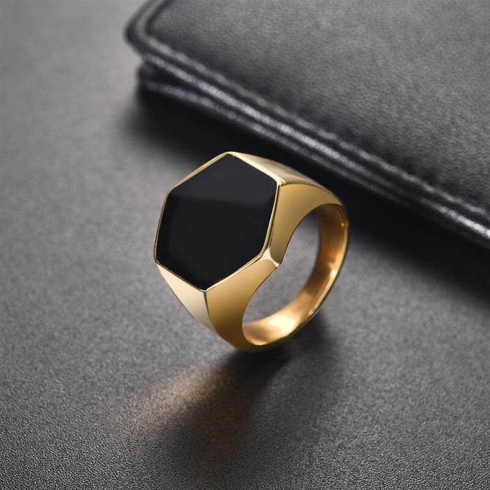 Hexagonal Agate Gold Ring Men's Accessory