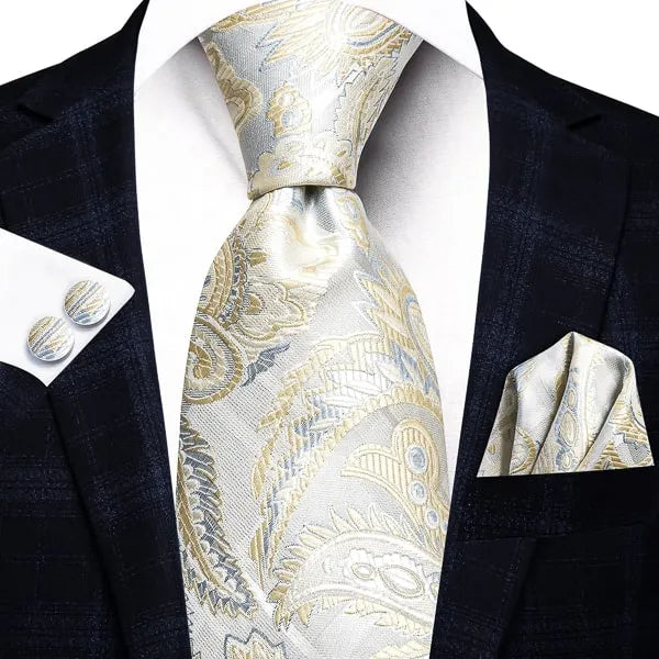 Silk Tie for Men - Classy Gold and Silver Floral Paisley Design