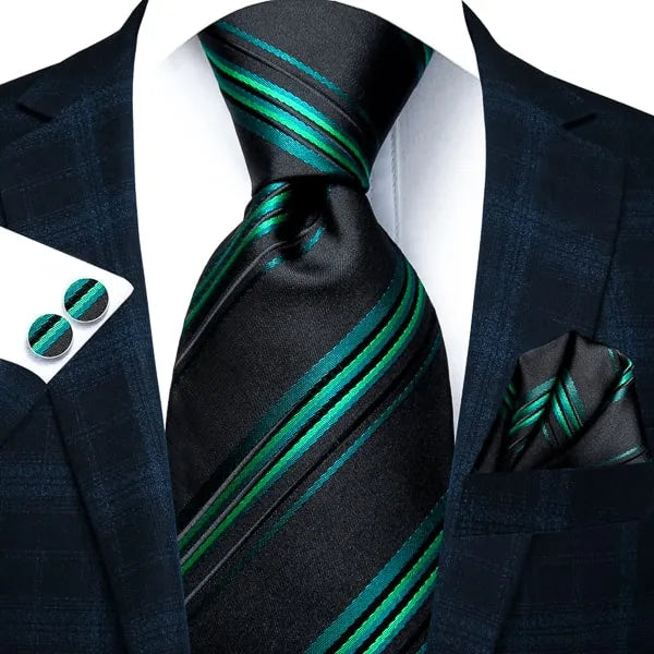 Stylish Green and Black Striped Silk Tie for Men