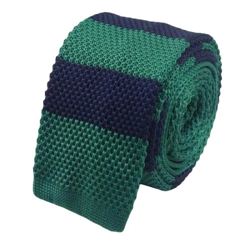Mens Green and Blue Striped Knit Tie - Classic Square Style
