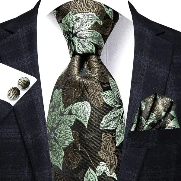 Elegant Green Brown Floral Silk Tie for Men