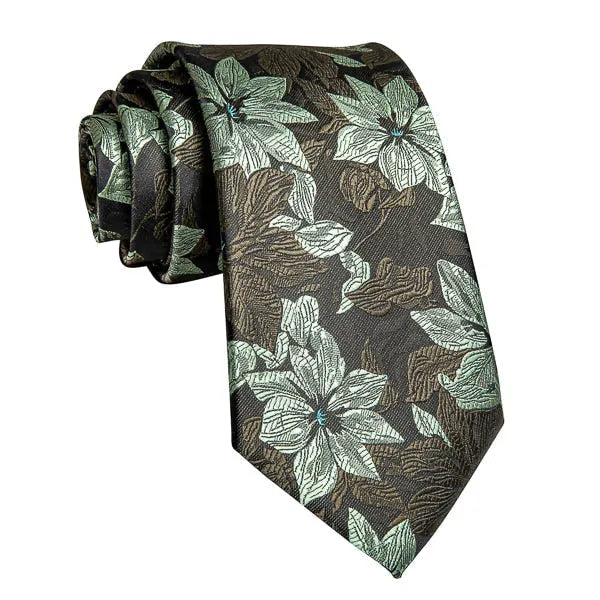 Elegant Green Brown Floral Silk Tie for Men