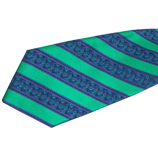 Silk Tie for Men - Classy Green Blue Striped Paisley Design