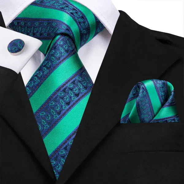 Silk Tie for Men - Classy Green Blue Striped Paisley Design