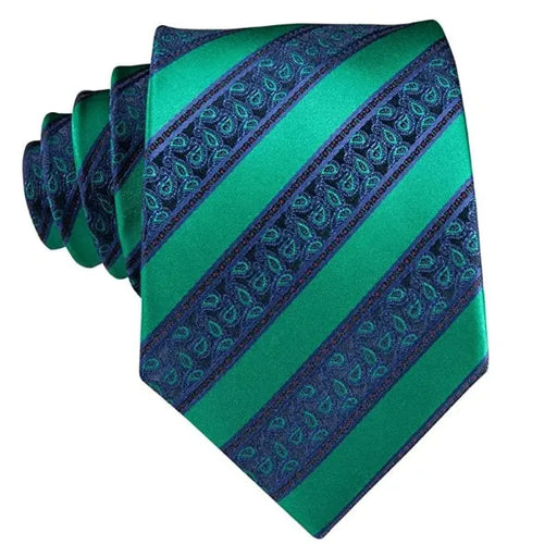 Silk Tie for Men - Classy Green Blue Striped Paisley Design
