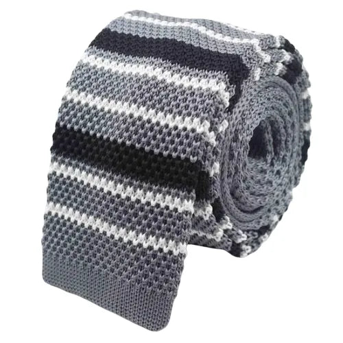 Stylish Grey Striped Knit Tie for Men - Classy Square Design