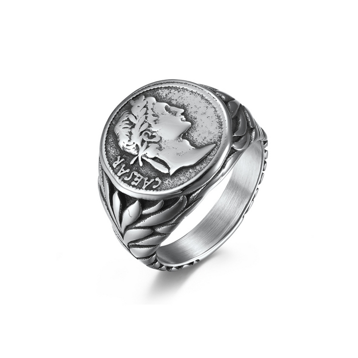 Emperor Caesar Head Ring Silver Stainless Steel