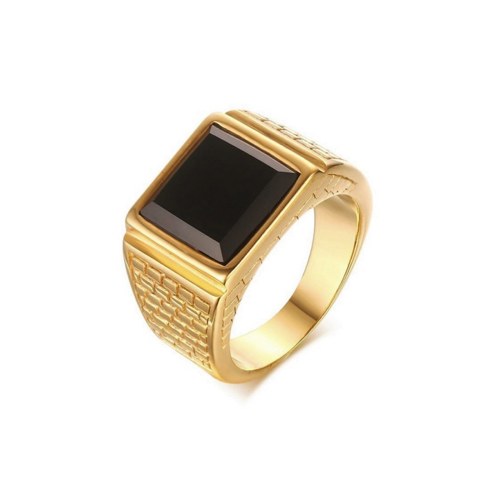 Men's Stainless Steel Black Onyx Gold Ring