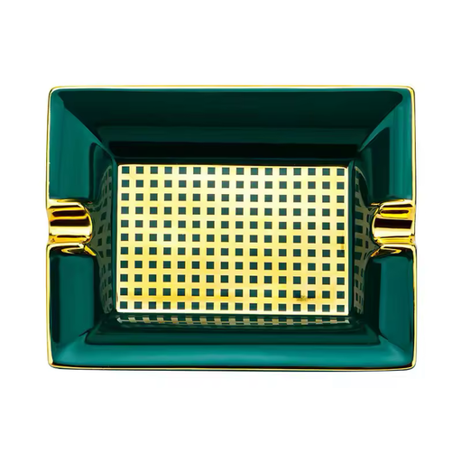 Luxury Ceramic Cigar Ashtray – Double Slot, Green & Gold Design