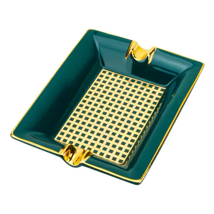 Luxury Ceramic Cigar Ashtray – Double Slot, Green & Gold Design