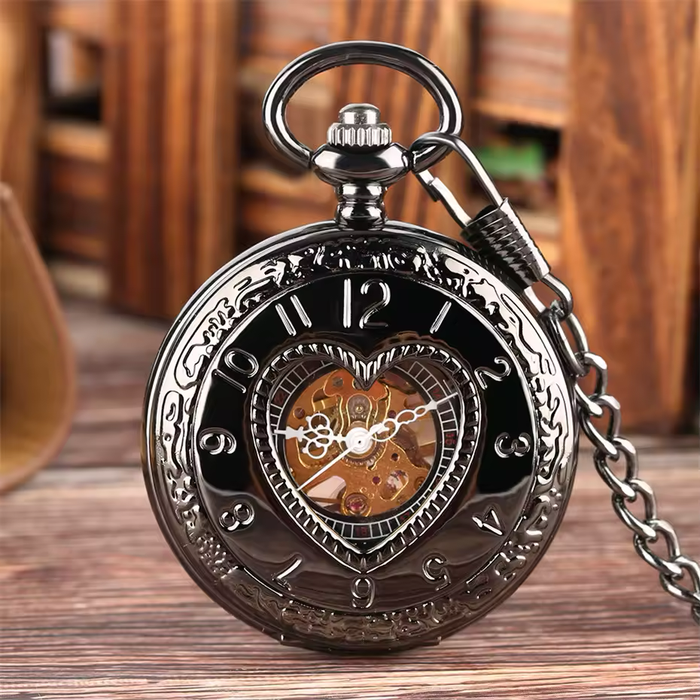 Black Heart Steampunk Pocket Watch - Half Hunter Mechanical Wind