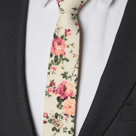 Skinny Cotton Tie for Men in Cream Pink Floral Pattern