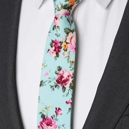Turquoise Floral Skinny Cotton Tie for Men - Classy Stylish Accessory