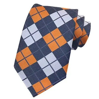 Classic Silk Tie for Men - Orange and Grey Check Pattern