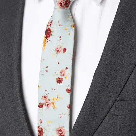 Mint Green Floral Skinny Tie for Men Classy Cotton Accessory