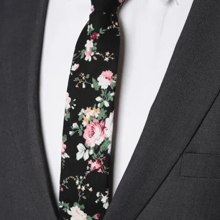 Black Floral Skinny Tie for Men - Elegant Cotton Accessory