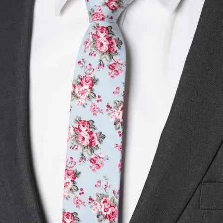 Pastel Blue Floral Skinny Tie for Men Stylish Cotton Accessory