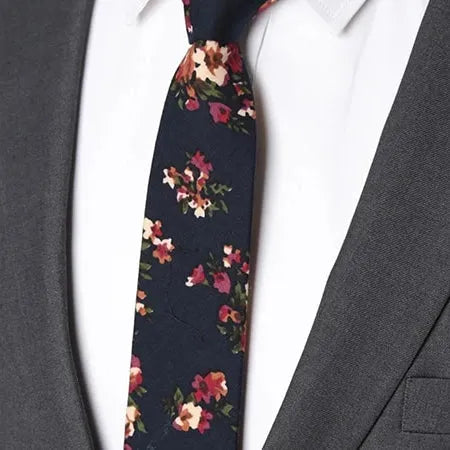 Navy Blue Floral Skinny Tie for Men - Classy Cotton Accessory