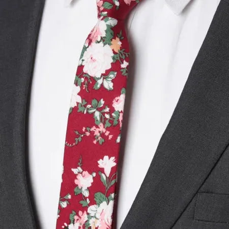 Red Floral Skinny Cotton Tie for Classy Men