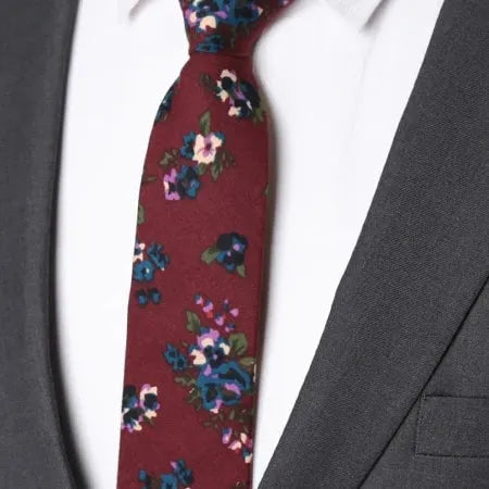 Wine Red Floral Skinny Tie for Men - Stylish Cotton Accessory