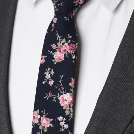 Dark Blue Floral Skinny Tie for Men - Elegant Cotton Accessory