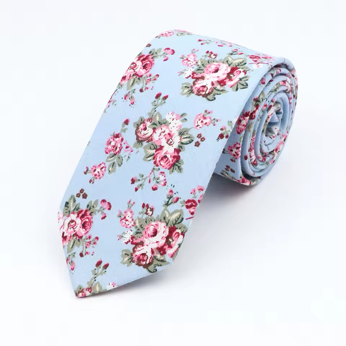 Pastel Blue Floral Skinny Tie for Men Stylish Cotton Accessory