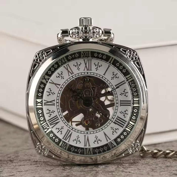 Silver Square Pocket Watch Roman Numerals - Hand Winding Mechanical