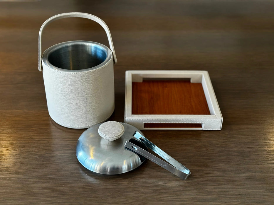 Luxury Leather Ice Bucket – Built-In Tray & Lid Tongs Holder