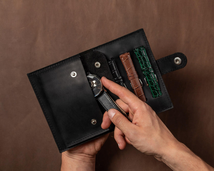 Leather Watch And Strap Case - 3 Slots, Travel Accessories, Pouch Watch