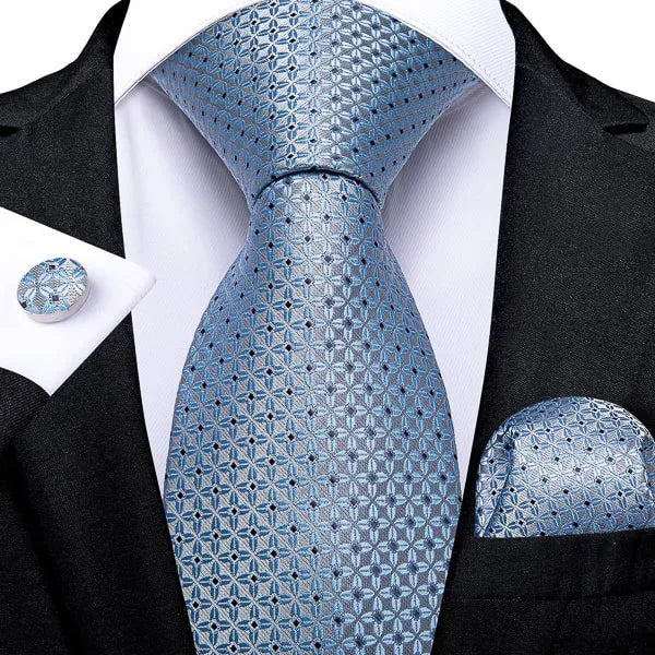 Light Blue Silk Tie with Silver Floral Dots for Classy Men