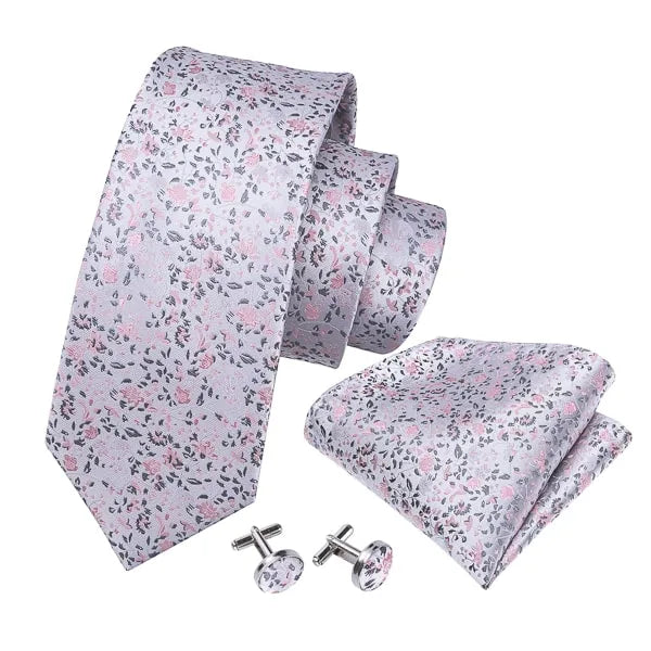 Classy Men Grey Pink Floral Silk Tie