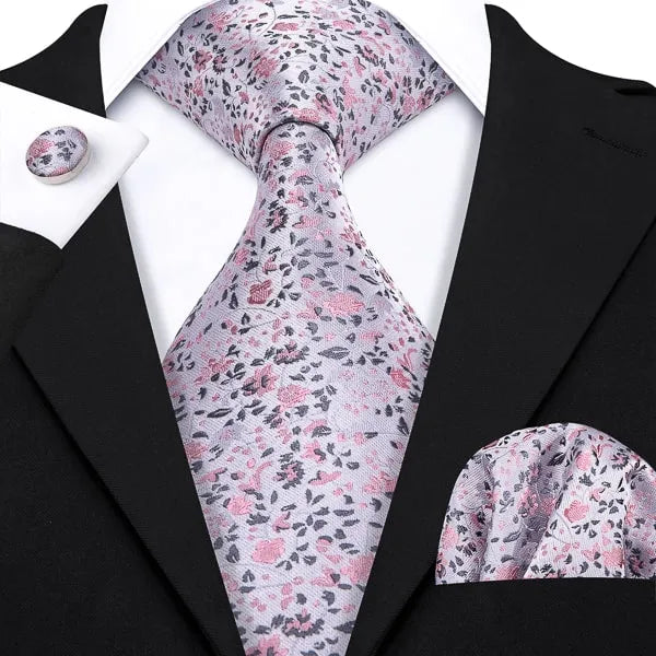 Classy Men Grey Pink Floral Silk Tie