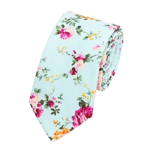 Turquoise Floral Skinny Cotton Tie for Men - Classy Stylish Accessory