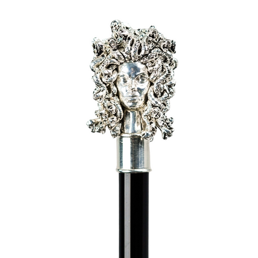 Luxury Black Medusa Umbrella - Italian Handmade, Silver Handle