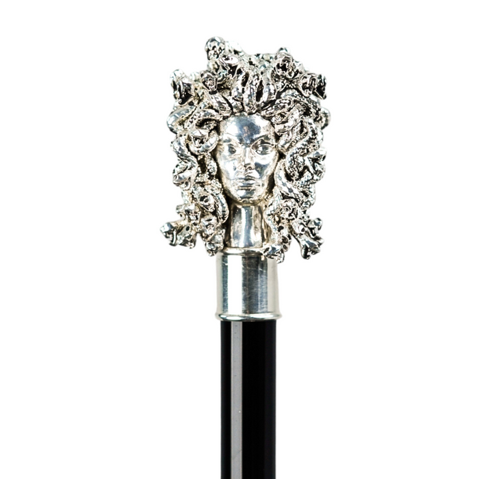 Luxury Black Medusa Umbrella - Italian Handmade, Silver Handle